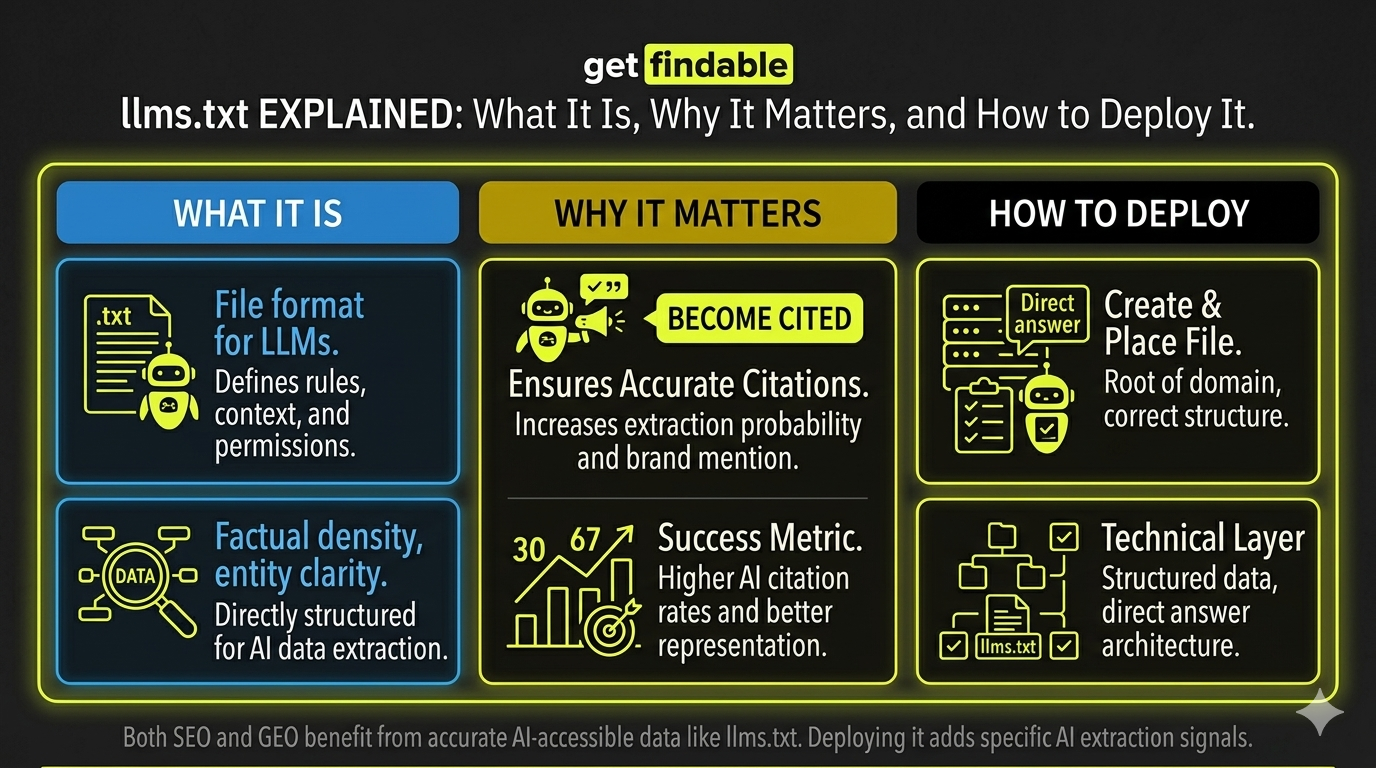 llms.txt explained infographic — what it is, why it matters for AI citations, and how to deploy it on your domain